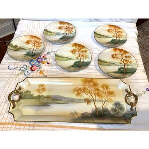 Stunning vintage Noritake hand painted landscape tray bread platter & 5 dishes